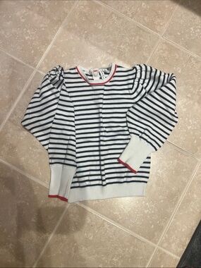 Janie and Jack White Knit Sweater with Navy Stripes and Red Trim